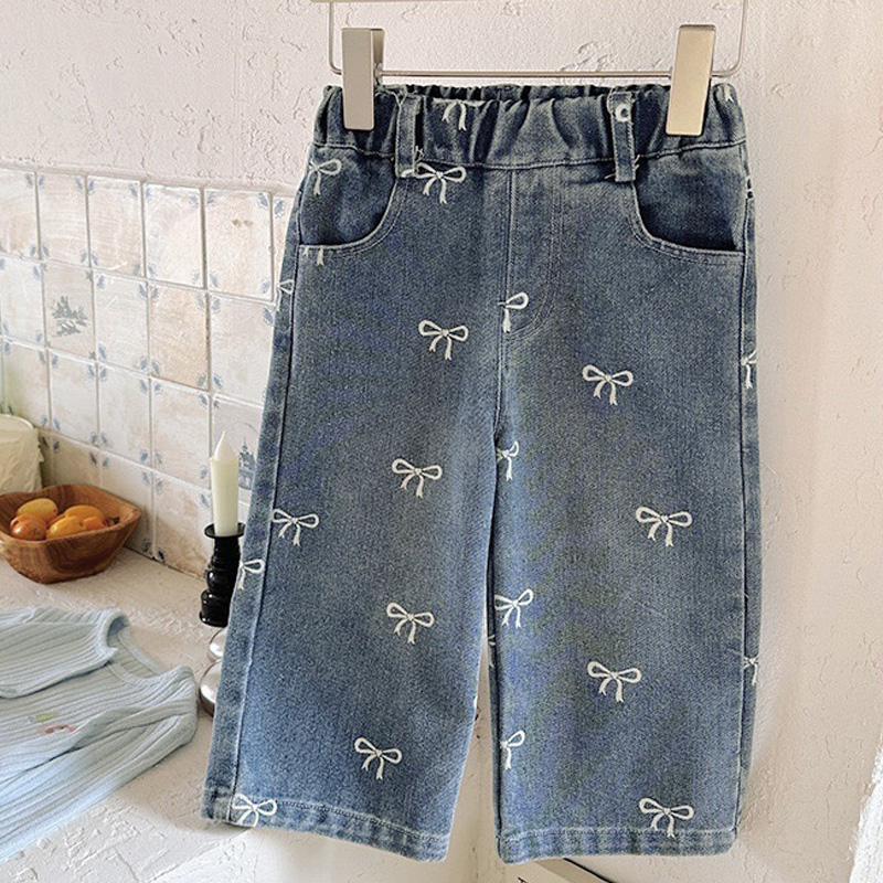 Baby Clothing Drawing - 女の子春秋ジーンズ新しい子供ファッションプリント弓ルーズパンツキッズトレンドワイドレッグパンツベビーカジュアルだぶだぶの服