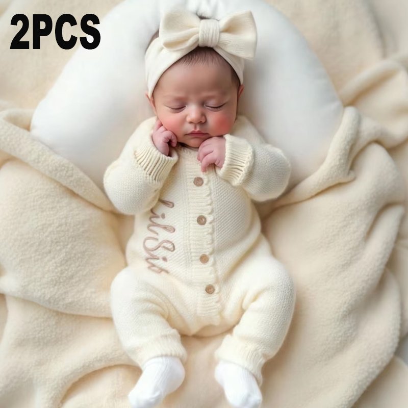 Baby Clothing Brand - Ylsteed 2 個ニット新生児写真撮影衣装、リボンヘッドバンド刺繍付きベビーガールフリルロンパース幼児ニットセーター-HD