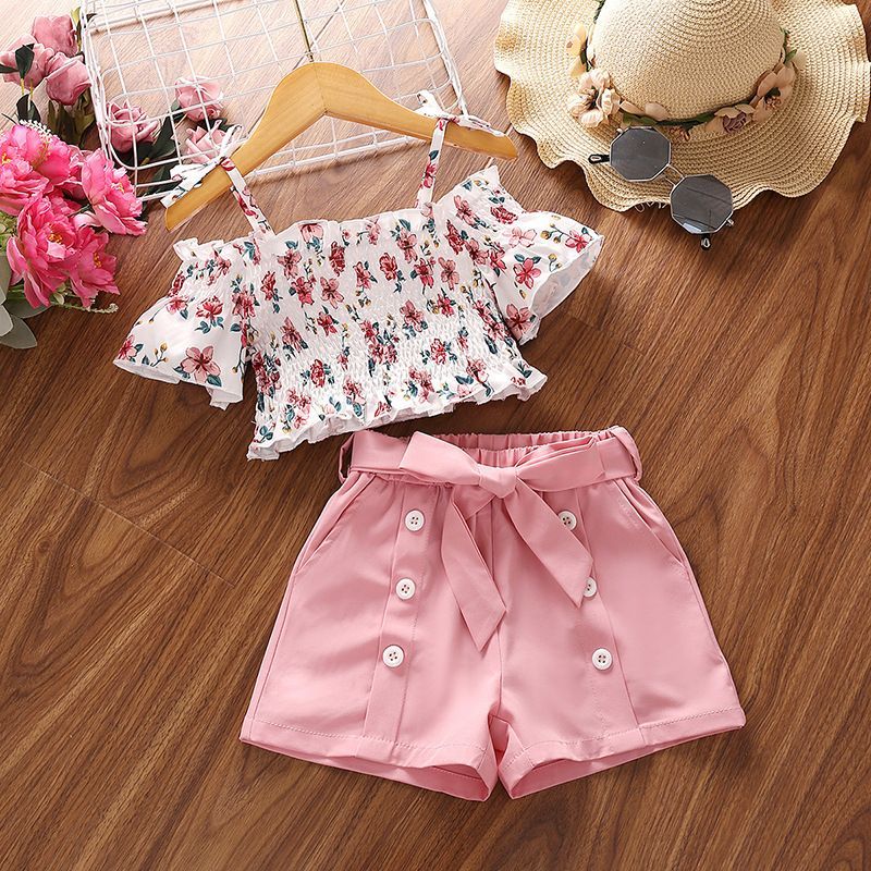 Baby Clothing Drawing - 90-140 センチメートルベビー女の子服セット夏の新スタイル子供プリントストラップ半袖トップショーツ 2 点セット