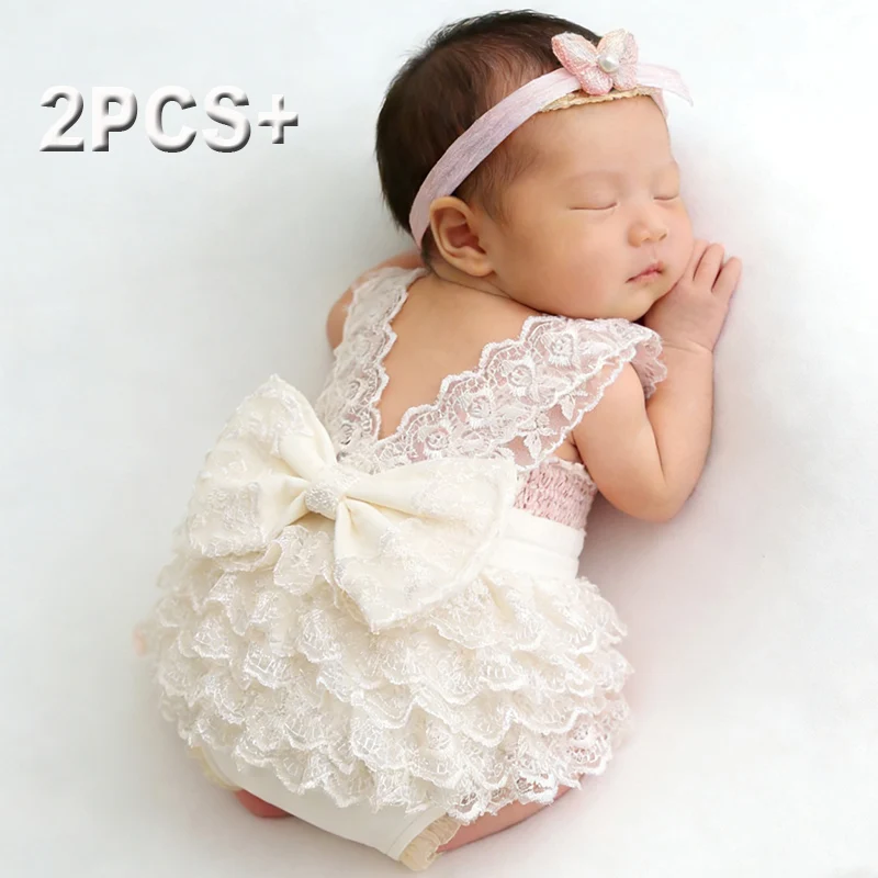 Romper Onesie Baby - Ylsteed 新生児写真撮影レースロンパースセット写真撮影衣装弓ヘッドバンド付き女の赤ちゃんの写真のアイデア