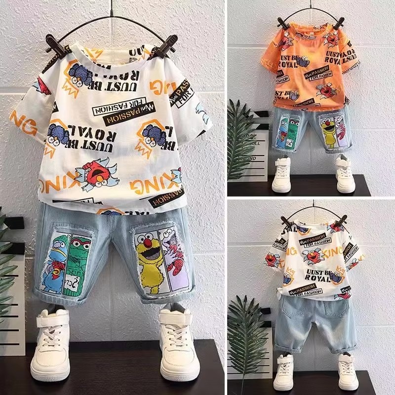 Baby Clothing Drawing - かわいい漫画プリント半袖コットンTシャツトップスジーンズショーツ2点セットベビー男の子夏服ファッションキッズブティック服