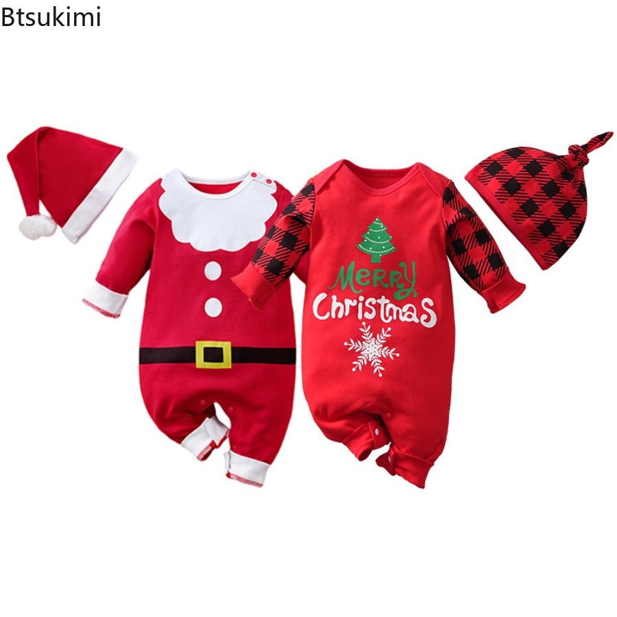 Baby Clothing Neutral - 0-18ヶ月 ベビーサンタクロースジャンプスーツ+帽子 新生児用 ニュートラル ラウンドネック レタープリント