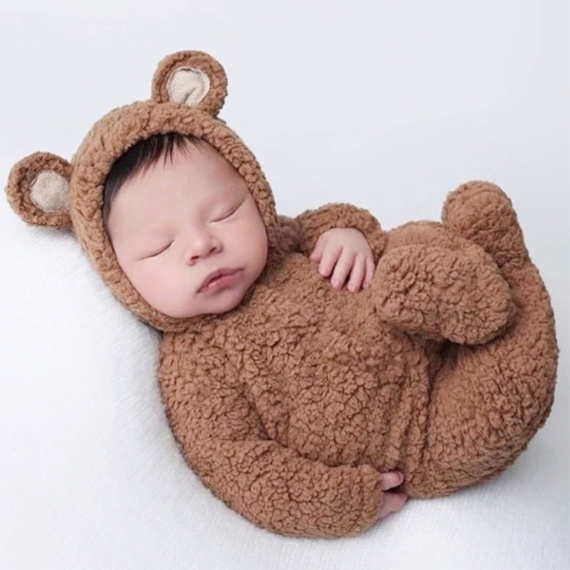 Romper Onesie Baby - 2 個の写真撮影の小道具赤ちゃん男の子女の子ユニセックスジャンプスーツクマ耳帽子足ロンパース新生児写真撮影アクセサリー
