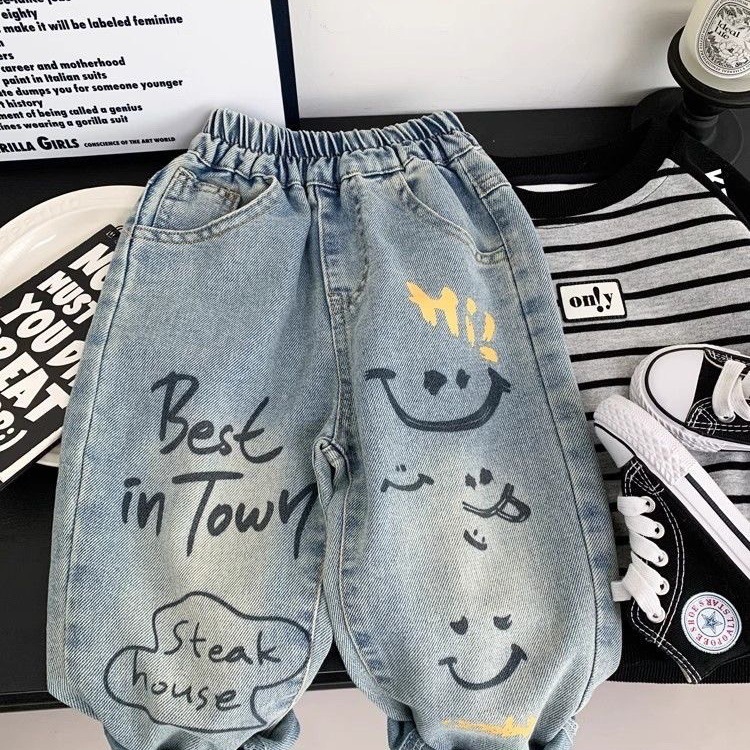 Baby Clothing Drawing - 赤ちゃん男の子ルーズフィットコットングラフィティデニムパンツ春秋股ソフトジーンズ子供ワイドパンツ女の子幼児子供服