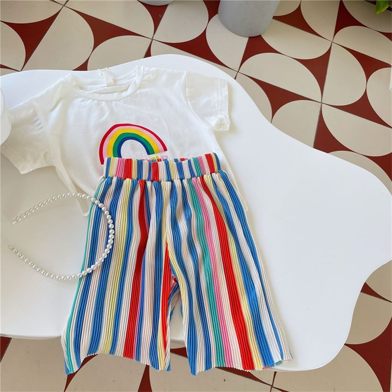 Baby Clothing Drawing - 子供用半袖Tシャツとパンツセット,2ピース,赤ちゃん用トップスとボトムス,レインボープリーツスーツ,キュートで新しい,12m-8y,夏,2022