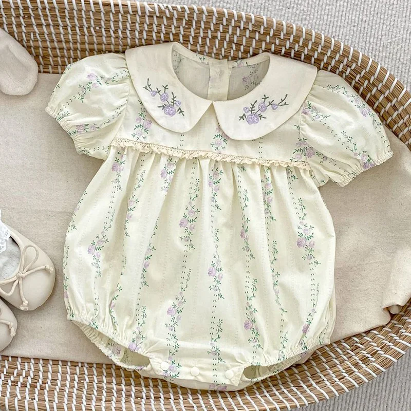 Baby Clothing Brand - 女の赤ちゃんのための綿の刺繍入りジャンプスーツ,新生児ロンパース,幼児服,紫,夏,0〜24m,2022