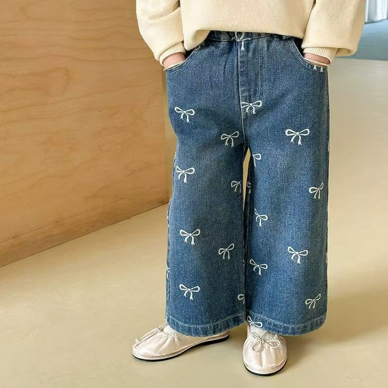 女の子春秋ジーンズ新しい子供ファッションプリント弓ルーズパン - Baby Clothing Drawing のレビューと価格