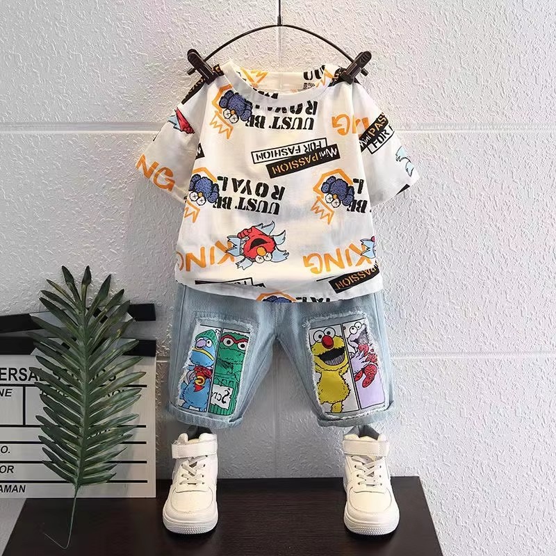 かわいい漫画プリント半袖コットンTシャツトップスジーンズショ - Baby Clothing Drawing のレビューと価格